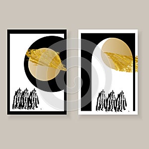 Set of minimal elegant wall decor posters. Black, white and gold brush strokes with grunge texture and geometric shapes.