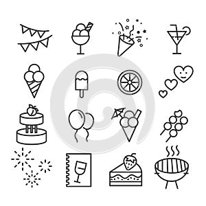 Set of minimal food icon for birthday party vector isolated modern outline on white background