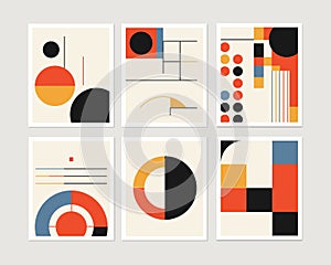 Set of minimal geometric bauhaus style design posters, vector template with primitive shapes elements