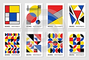 Set of 8 minimal vintage 20s geometric design posters, wall art, template, layout with primitive shapes elements. Bauhaus retro