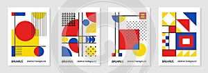 Set of 4 minimal vintage 20s geometric design posters, wall art, template, layout with primitive shapes elements. Bauhaus retro photo