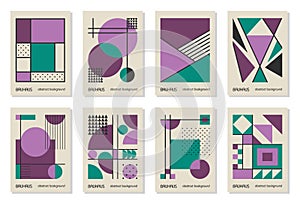 Set of 8 minimal vintage 20s geometric design posters, wall art, template, layout with primitive shapes elements. Bauhaus retro