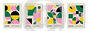 Set of 4 minimal vintage 20s geometric design posters, wall art, template, layout with primitive shapes elements. Bauhaus retro