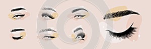 Set of minimalist female eyes on colored spots. Linear women lashes and brows. Vector illustration in one line drawing