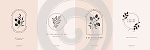 Set of minimalist floral black silhouette leaves logo template. Botanic hand drawn