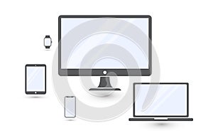 Set of minimalistic computer monitor, laptop, tablet, mobile phone and smart watchblue screen. Electronic gadgets isolated on