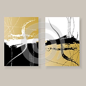 Set of minimalistic elegant wall decor posters. Black, white and gold strokes and spots with grunge texture.