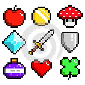 Set of minimalistic pixel art objects isolated