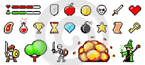 Set of minimalistic pixel art vector objects isolated. Pixel game. 8 bit UI gaming bar notation