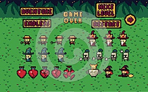 Set of minimalistic pixel art vector objects isolated. Pixel game buttons. Video game pixel magic items, digital