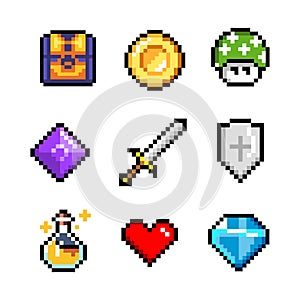 Set of minimalistic pixel art vector objects isolated. Sword, coin, potion, heart.