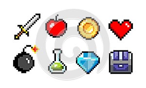 Set of minimalistic pixel art vector objects isolated. Sword, coin, potion, heart