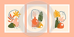 Set of minimalistic posters or cards with abstract tropical leaves composition in trendy contemporary collage style.