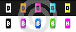 Set Mining bitcoin from mobile icon isolated on black and white background. Cryptocurrency mining, blockchain technology