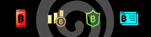 Set Mining bitcoin from mobile, Pie chart infographic, Shield with and Bitcoin browser icon. Vector
