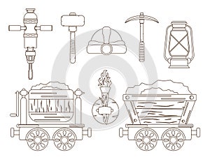 A set with mining tools for the extraction of resources. Mine carts, protection and lighting in the mine.