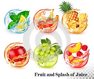 Set of mint and fruit in a water and juice splash. Mint and lemon, strawberry and banana, pineapple, apple, grapes, peach and