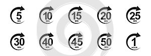 Set of minutes icons with circle arrows. Stopwatch symbol. 5, 10, 15, 20, 25, 30, 40, 45, 50 min countdawn signs. Sport