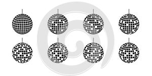 Set of mirror discoballs with black and white pixel textures. Vintage mirrorballs in 70s 80s 90s discotheque style