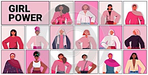 Set mix race girls avatars female empowerment movement women`s power union of feminists concept