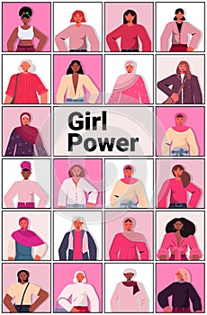 set mix race girls avatars female empowerment movement women's power union of feminists concept