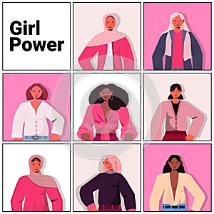 set mix race girls avatars female empowerment movement women's power union of feminists concept