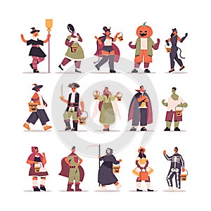 Set mix race people in different costumes standing together happy halloween party celebration concept
