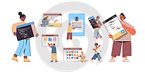 Set mix race web developers creating program code application development software programming concept