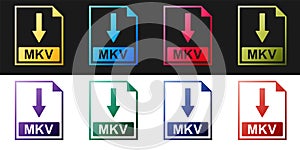Set MKV file document icon. Download MKV button icon isolated on black and white background. Vector photo