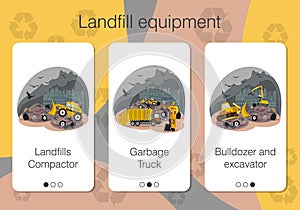 Set of mobile app pages on theme of city landfills and special equipment for garbage recycling
