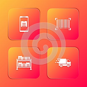 Set Mobile with app tracking, Barcode, Warehouse and Delivery truck movement icon. Vector