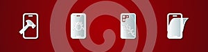 Set Mobile with broken screen, System bug on mobile, and Glass protector icon. Vector