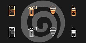 Set Mobile emergency call 911, Fire extinguisher, cone bucket and Walkie talkie icon. Vector