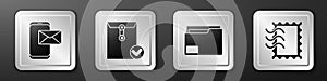 Set Mobile and envelope, Envelope and check mark, Document folder and Postal stamp icon. Silver square button. Vector.