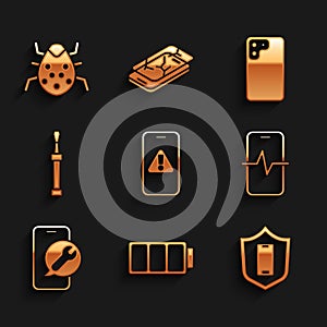 Set Mobile with exclamation mark, Battery, shield, Phone repair service, Screwdriver, Smartphone and System bug icon