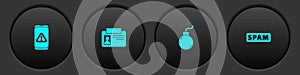 Set Mobile with exclamation mark, Identification badge, Bomb ready to explode and Spam icon. Vector