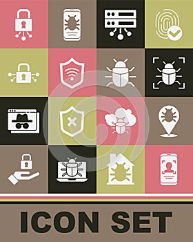 Set Mobile and face recognition, System bug, Server, Data, Web Hosting, Shield with WiFi wireless, Cyber security, and