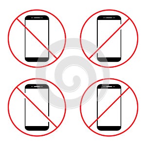 Set of Mobile forbidden icon, no use phone sign, ban smartphone label vector illustration