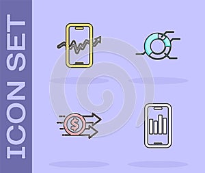 Set Mobile with graph, stock trading, Financial growth dollar and Pie chart infographic icon. Vector