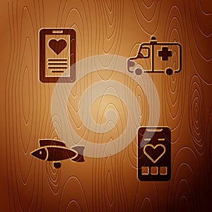 Set Mobile with heart rate, Medical clipboard, Fish and Ambulance and emergency car on wooden background. Vector