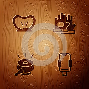 Set Mobile holder, Bicycle punctured tire, bell and Gloves on wooden background. Vector