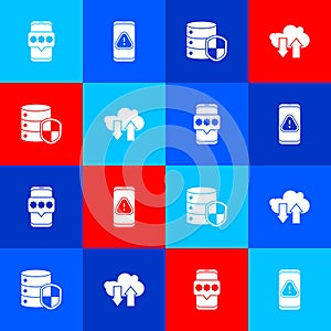 Set Mobile and password, with exclamation mark, Server shield and Cloud download upload icon. Vector
