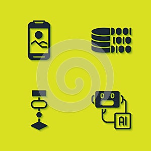 Set Mobile phone, Artificial intelligence robot, Algorithm and Binary code icon. Vector