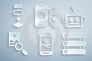 Set Mobile phone, Artificial intelligence robot, Photo retouching, Server, Data, Neural network and Algorithm icon