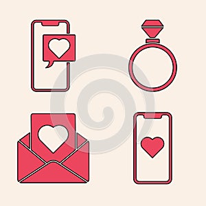Set Mobile phone with heart, Smartphone with heart speech bubble, Wedding rings and Envelope with heart icon. Vector