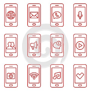 Set of mobile phone icons in thin line style. Contact and communication web icons
