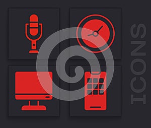 Set Mobile phone, Microphone, Clock and Computer monitor screen icon. Vector