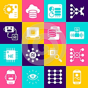 Set Mobile phone, Neural network, Artificial intelligence AI, Computer api interface, Processor CPU, robot, and Server
