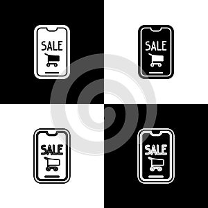 Set Mobile phone and shopping cart icon isolated on black and white background. Online buying symbol. Supermarket basket