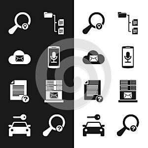 Set Mobile recording, Cloud mail server, Search location, Folder tree, Unknown document and Mail icon. Vector